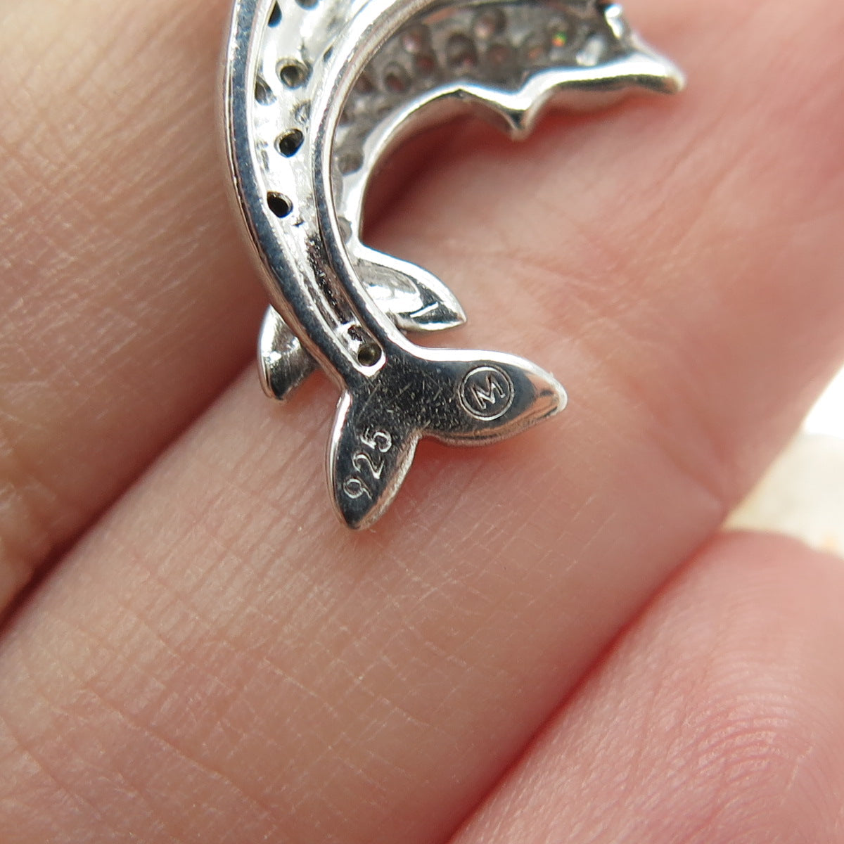 925 Sterling Silver Real Round-Cut Black & White Diamond Dolphin Pendant