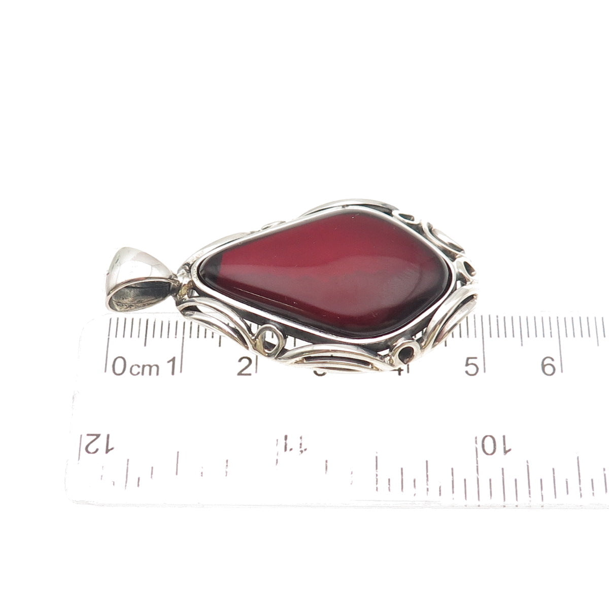 925 Sterling Silver Vintage Real Cherry Amber Modernist Floral Oxidized Pendant