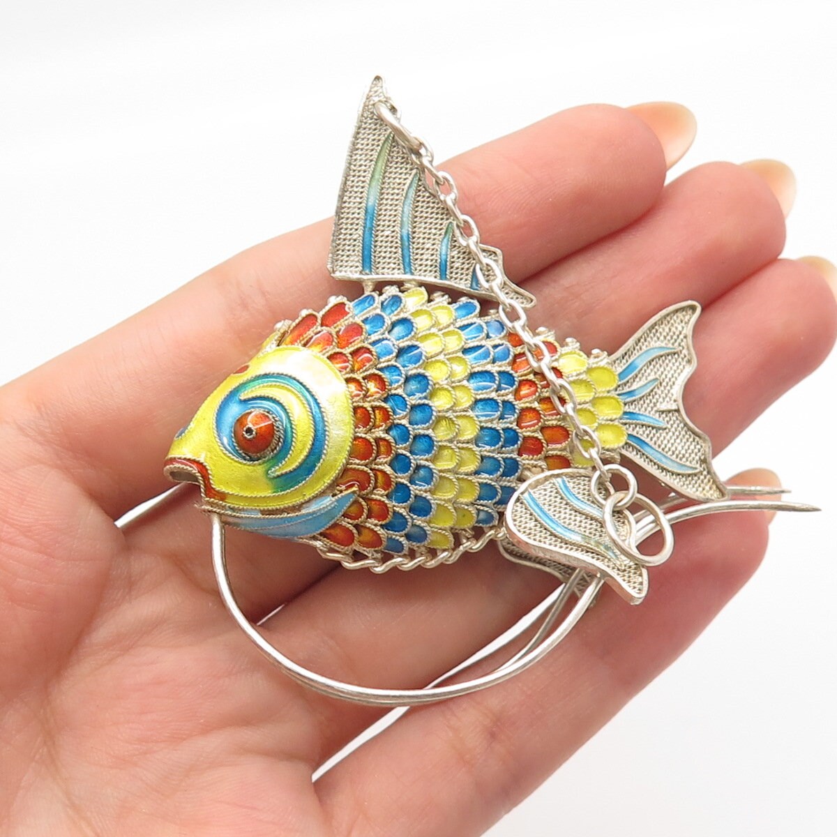925 Sterling Silver Antique Enamel Articulated Chinese Koi Fish Chatelaine Fob