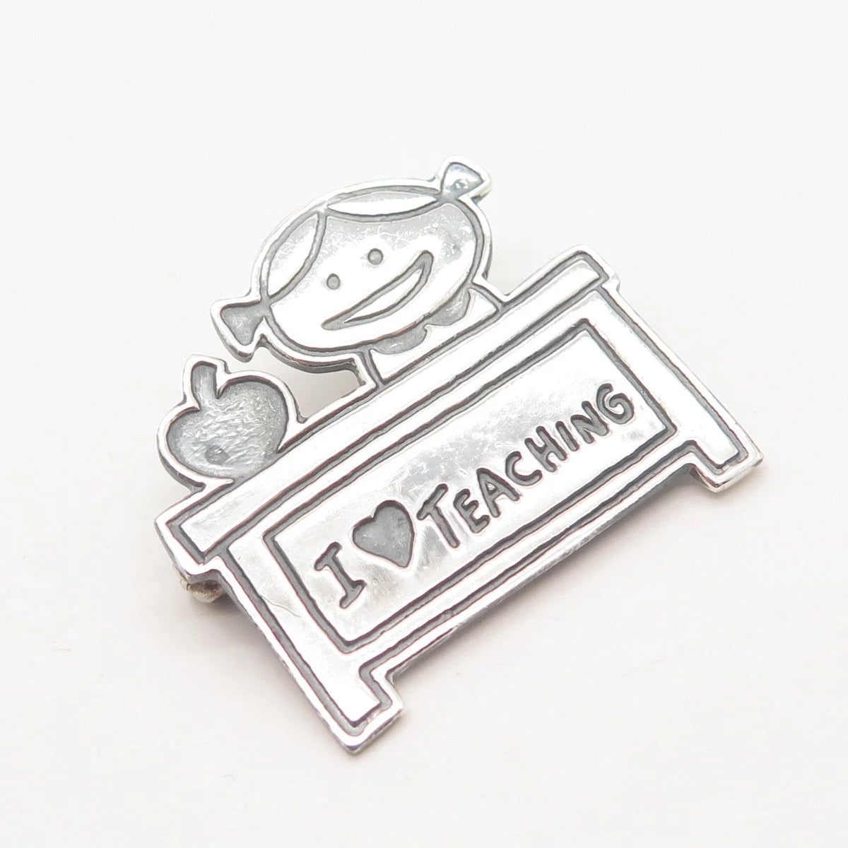 925 Sterling Silver Vintage Mexico "I Love Teaching" Happy Girl Pin Brooch