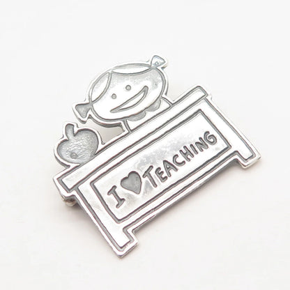 925 Sterling Silver Vintage Mexico "I Love Teaching" Happy Girl Pin Brooch