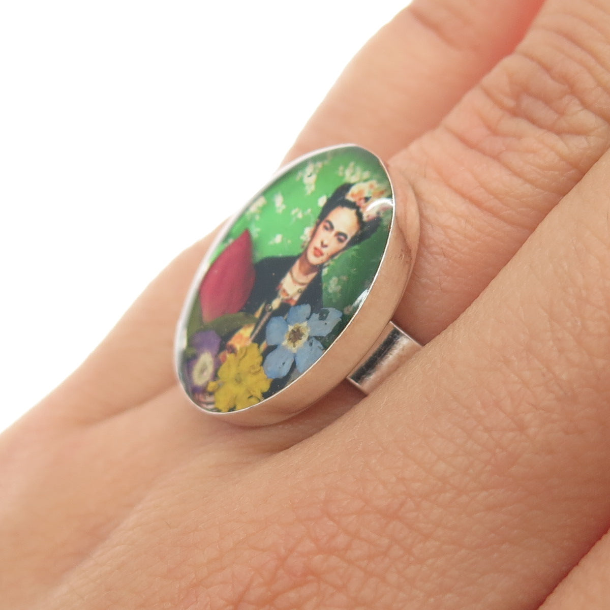 925 Sterling Silver Vintage Enamel Frida Kahlo Pressed Flowers Ring Size 6