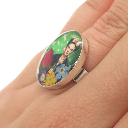 925 Sterling Silver Vintage Enamel Frida Kahlo Pressed Flowers Ring Size 6