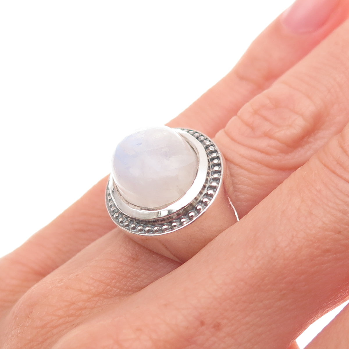 925 Sterling Silver Vintage Real Moonstone Modernist Oxidized Ring Size 5.25