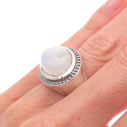 925 Sterling Silver Vintage Real Moonstone Modernist Oxidized Ring Size 5.25