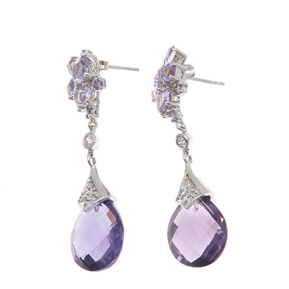 925 Sterling Silver Real Amethyst & White Topaz Dangle Earrings