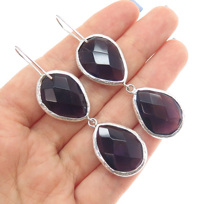 925 Sterling Silver Real Pear-Cut Amethyst Dangle Earrings