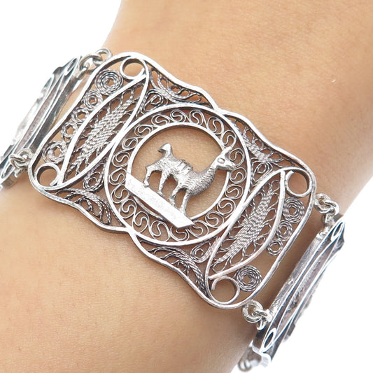 925 Sterling Silver Vintage Peruvian Llama Filigree Panel Link Bracelet 7.75"