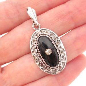 Martelli 925 Sterling Silver Antique Art Deco Real Black Onyx Rhinestone Pendant