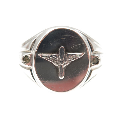 925 Sterling Silver Antique WWII Rhinestone US Air Force Signet Ring Size 8.5