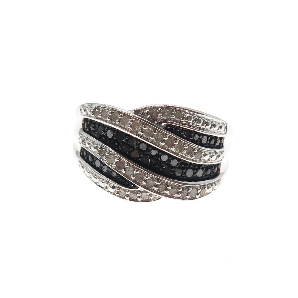 925 Sterling Silver Real Round-Cut Black & White Diamond Ring Size 7