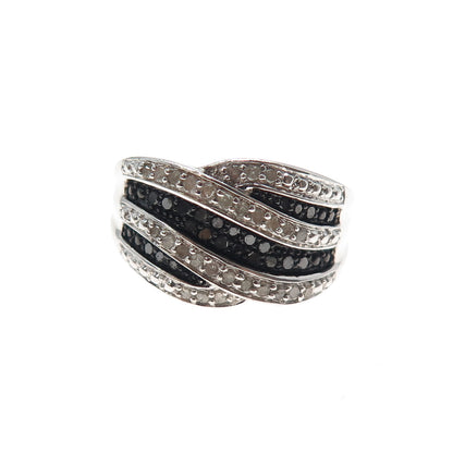 925 Sterling Silver Real Round-Cut Black & White Diamond Ring Size 7