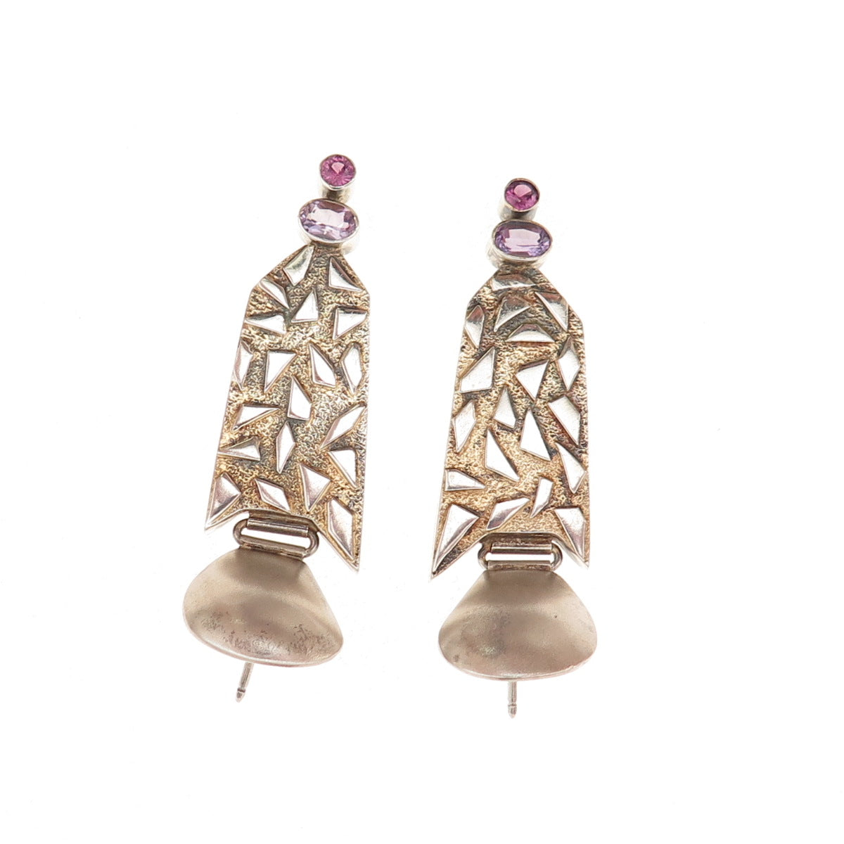 925 Sterling Silver Vintage Real Amethyst Modernist Oxidized Dangle Earrings