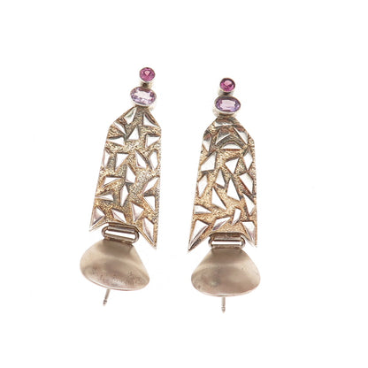 925 Sterling Silver Vintage Real Amethyst Modernist Oxidized Dangle Earrings