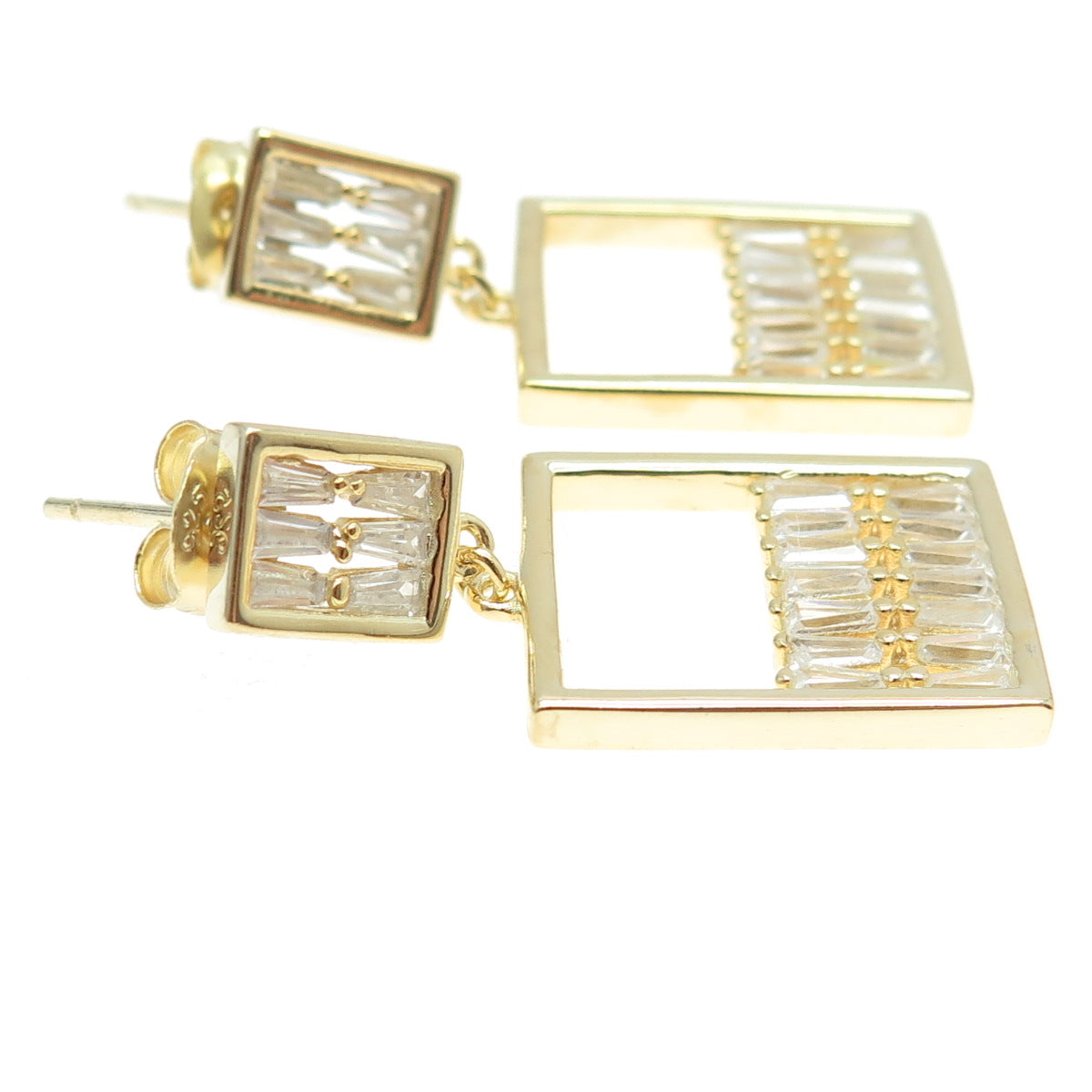 925 Sterling Silver Gold Plated Tapered Baguette-Cut Shaped C Z Dangle Earrings