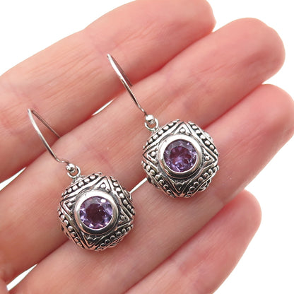 925 Sterling Silver Vintage Real Amethyst Dotted Oxidized Dangle Earrings