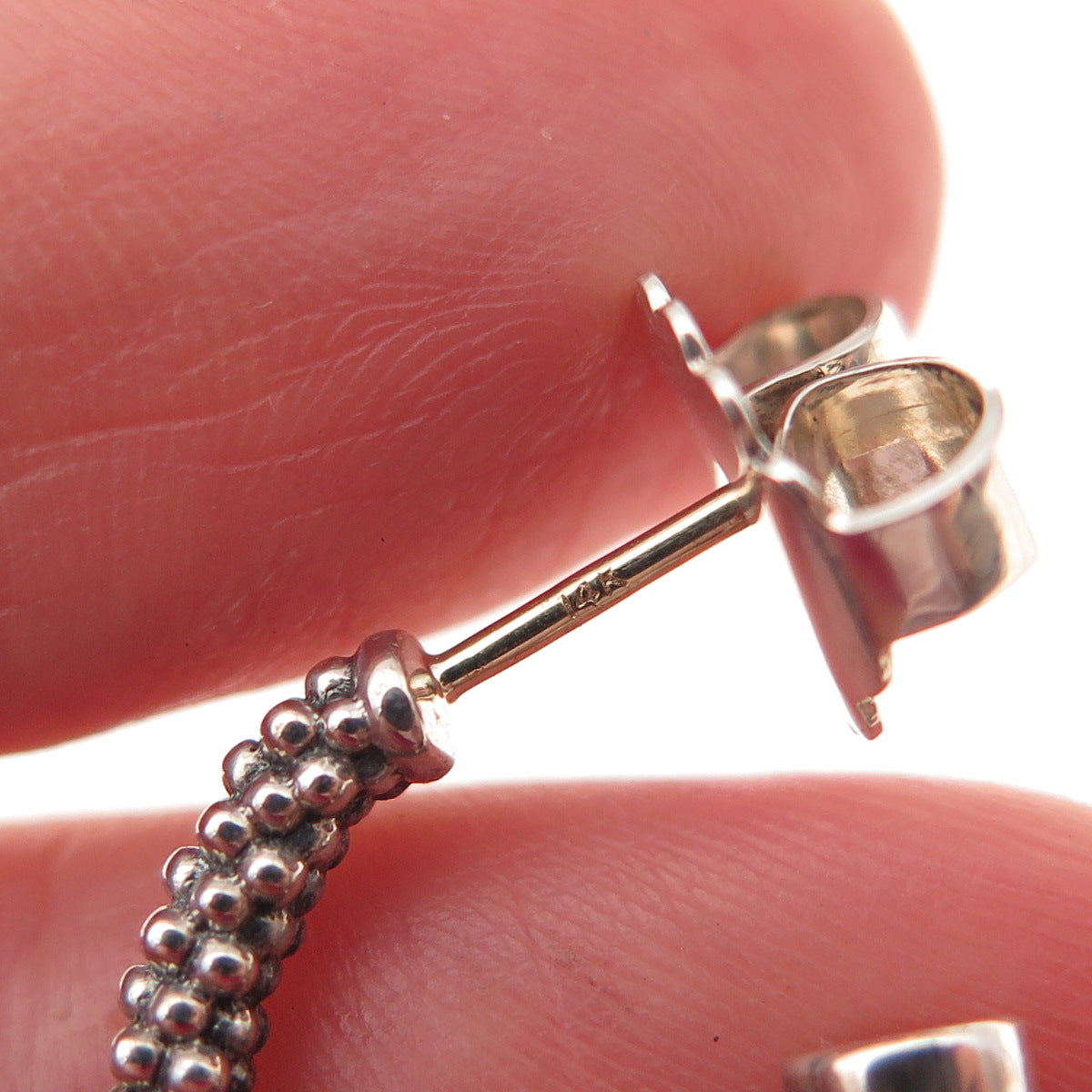 Lagos 925 Sterling Silver 14K Gold Posts Real Diamond Caviar Hoop Charm Earrings