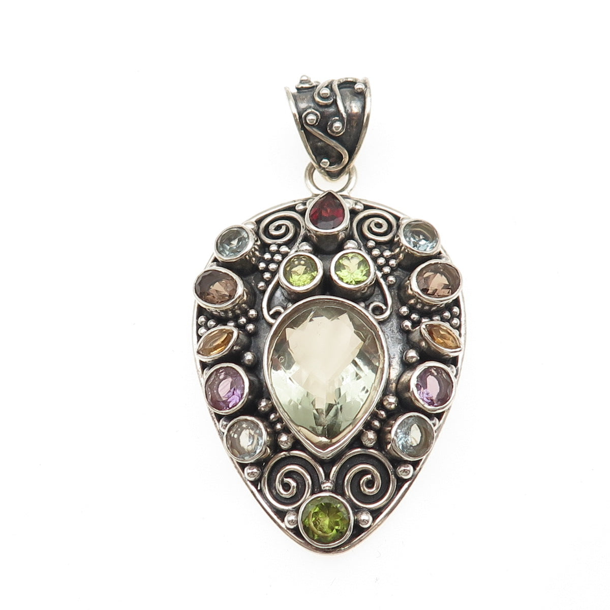 NATHI Sterling Silver Vintage Real Topaz Amethyst Peridot Quartz Garnet Pendant