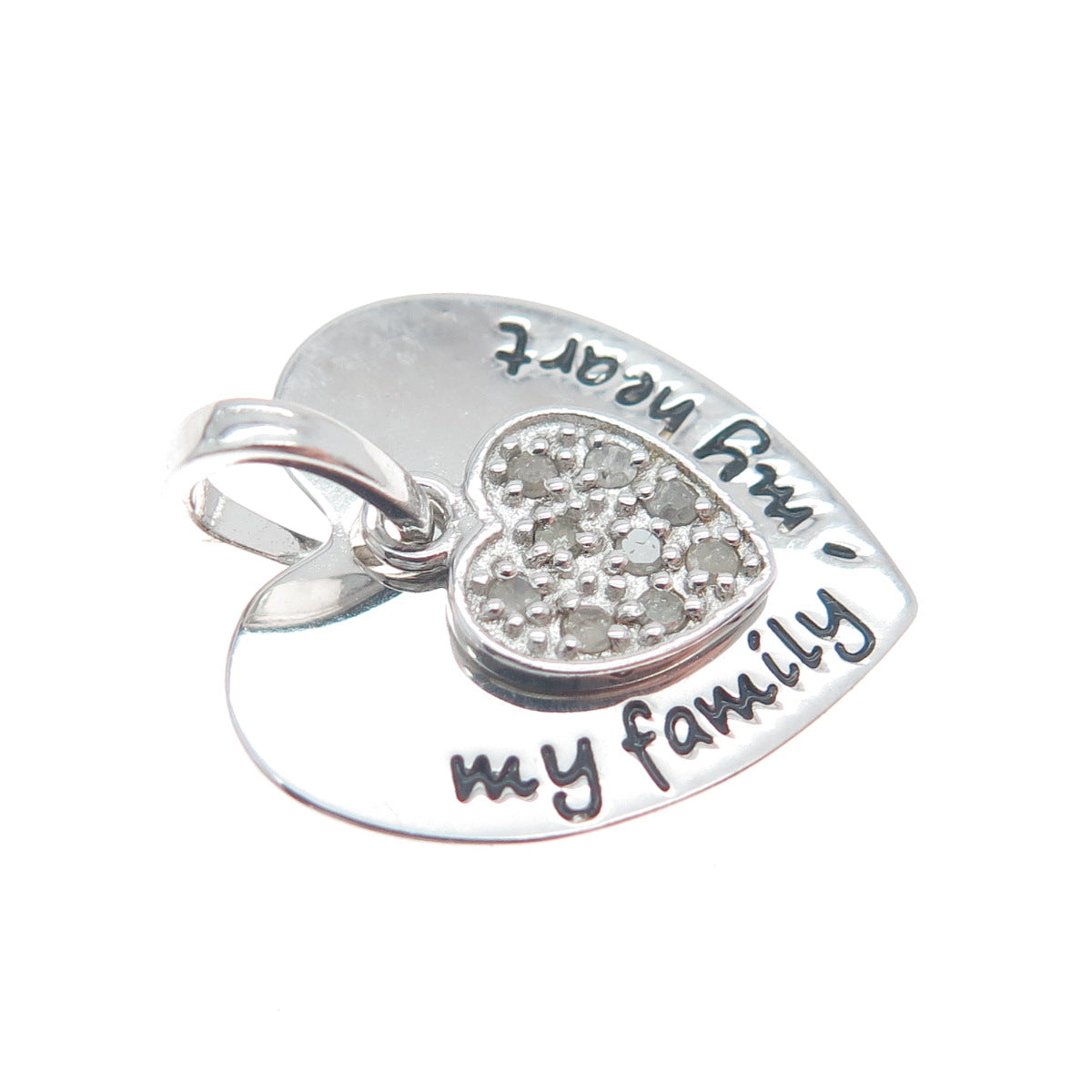 HAN 925 Sterling Silver Real Round-Cut Diamond My Family My Heart Charm Pendant