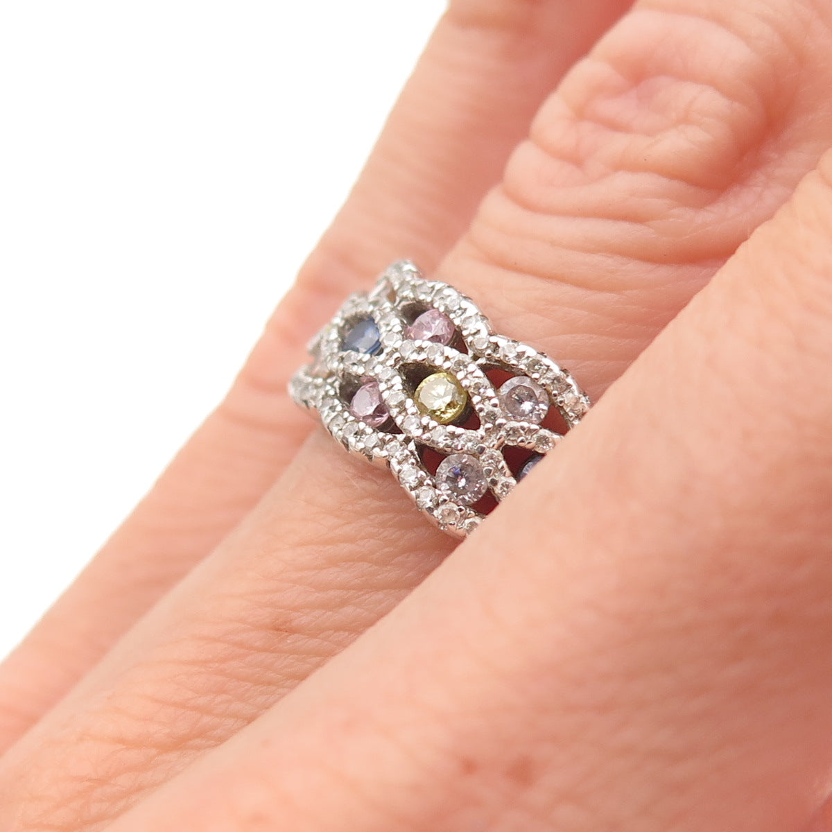 925 Sterling Silver Round-Cut Multi-Color C Z Band Ring Size 6.25