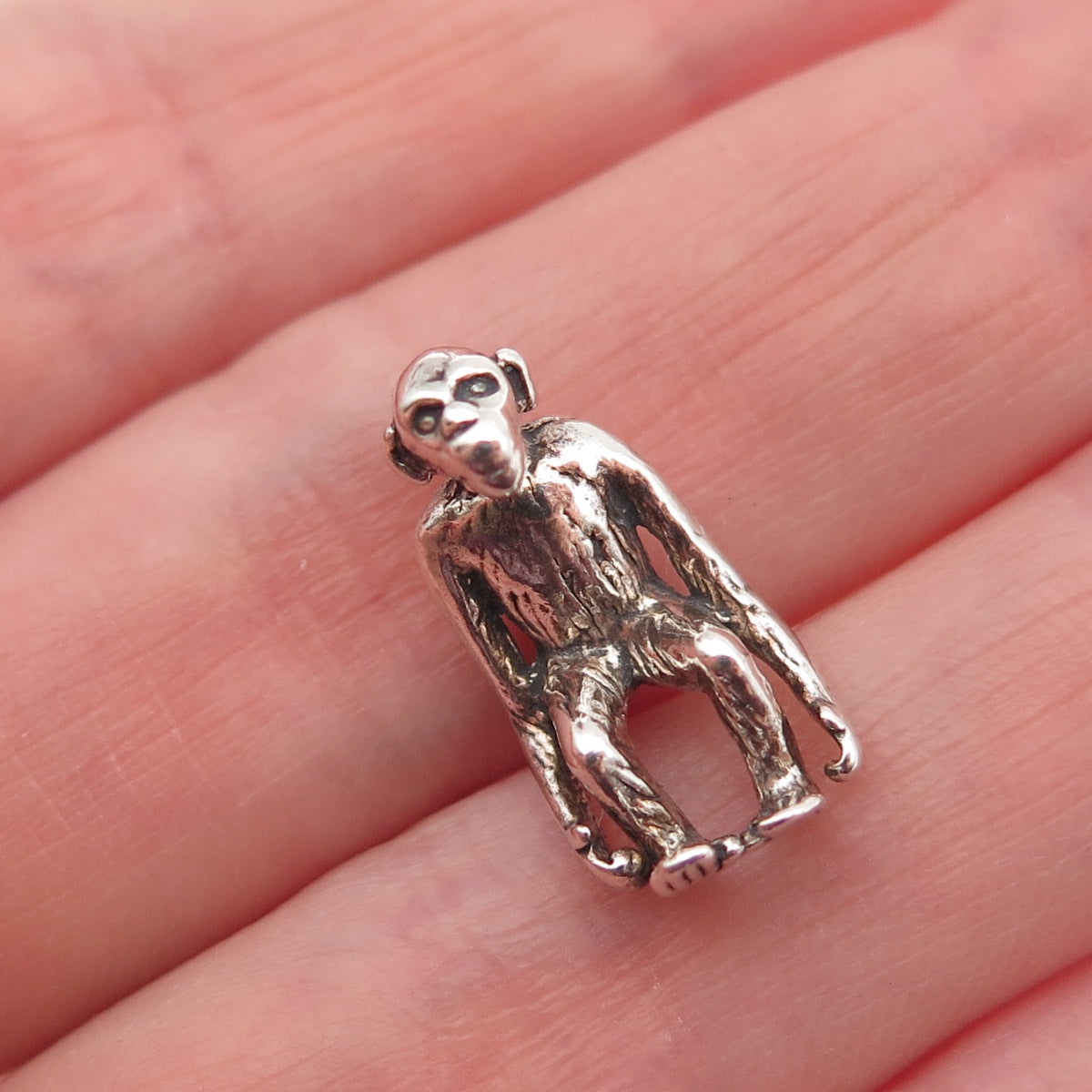 925 Sterling Silver Vintage Monkey Oxidized 3D Mini Charm Pendant