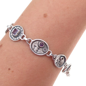 925 Sterling Silver Vintage Real Amethyst & Citrine Bracelet 7" (missing lock)