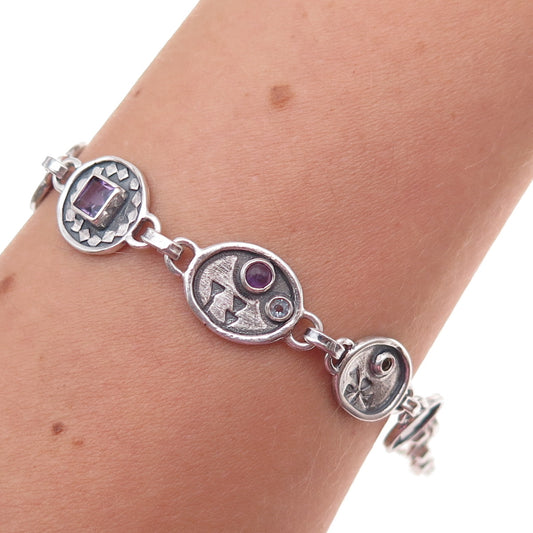 925 Sterling Silver Vintage Real Amethyst & Citrine Bracelet 7" (missing lock)