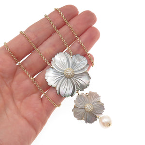 Cristina Sabatini Sterling Silver GP Pearl Abalone Shell C Z Floral Necklace 34"
