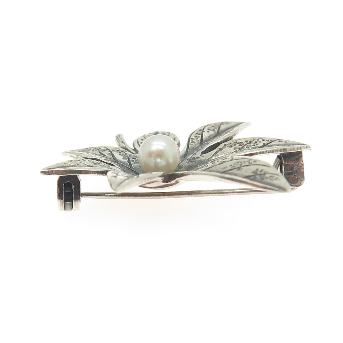 925 Sterling Silver Vintage Real Pearl Floral Pin Brooch