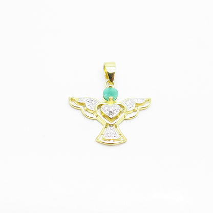 925 Sterling Silver Gold Plated Real White Diamond & Emerald Gem Angel Pendant