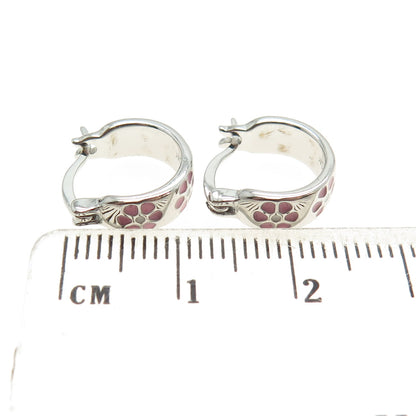 925 Sterling Silver Enamel Flower Hoop Earrings