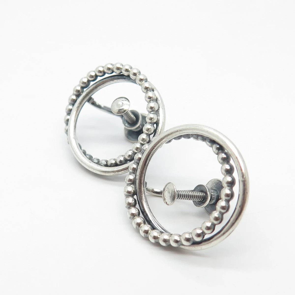 925 Sterling Silver Vintage Jewelart Beaded Double Circle Screw Back Earrings