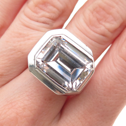 925 Sterling Silver Vintage Emerald-Cut C Z Modernist Oxidized Ring Size 6.75