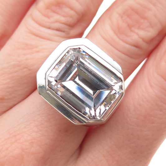 925 Sterling Silver Vintage Emerald-Cut C Z Modernist Oxidized Ring Size 6.75