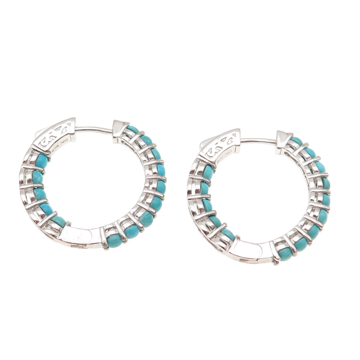 925 Sterling Silver Real Tyrone Turquoise In & Out Hoop Earrings
