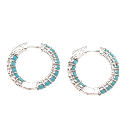 925 Sterling Silver Real Tyrone Turquoise In & Out Hoop Earrings