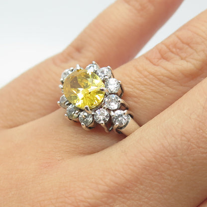 925 Sterling Silver Oval & Round-Cut Canary & White C Z Cluster Ring Size 7.25