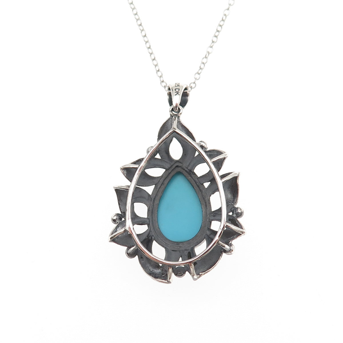 925 Sterling Silver Real Tyrone Turquoise Floral Cable Chain Necklace 18"