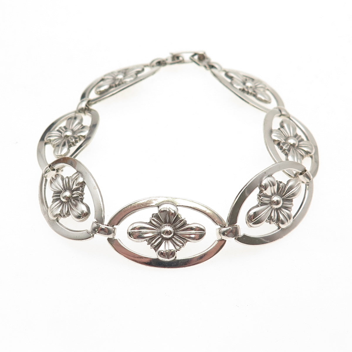 925 Sterling Silver Antique Art Deco Floral Oxidized Bracelet 7.25"