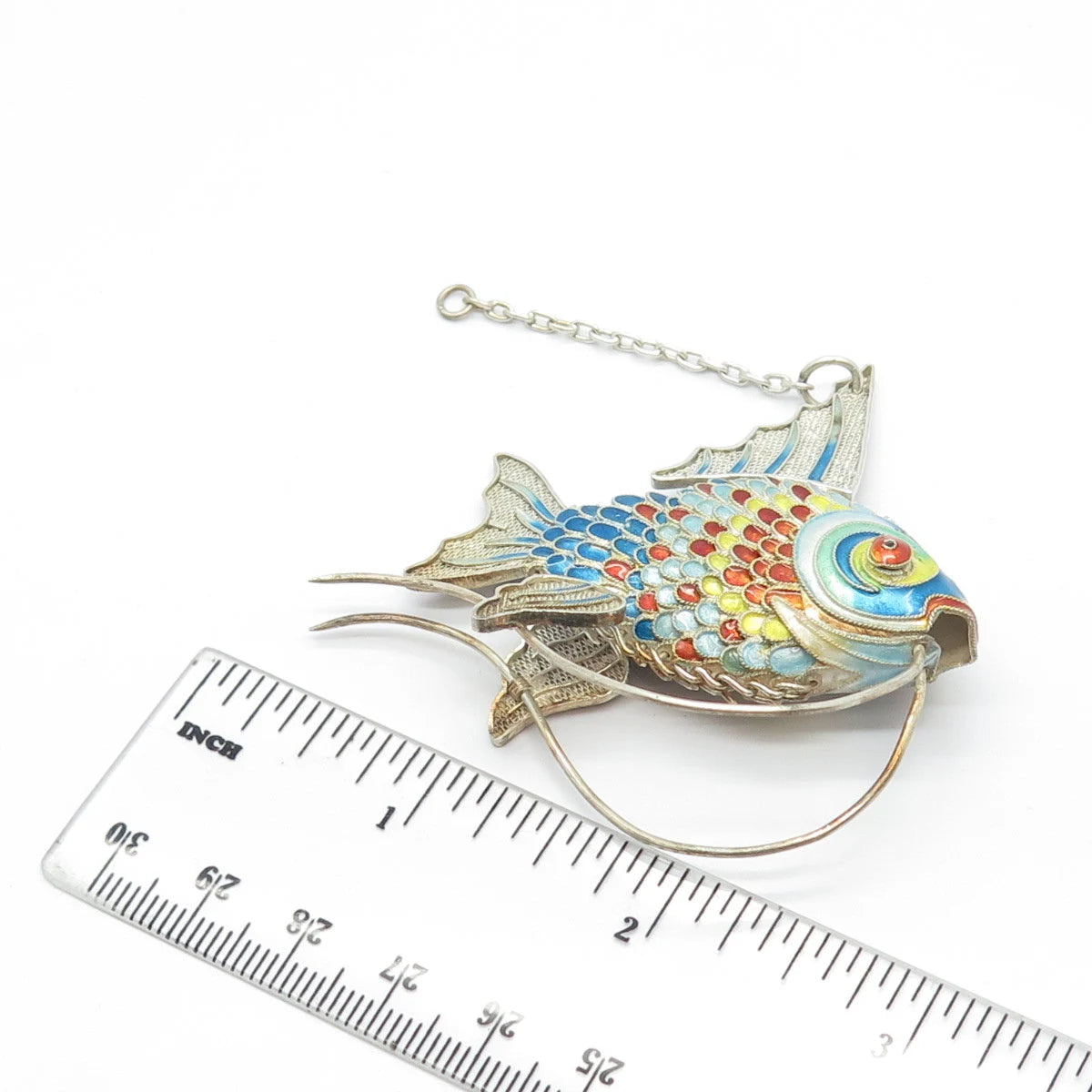 925 Sterling Silver Antique Enamel Articulated Chinese Koi Fish Chatelaine Fob