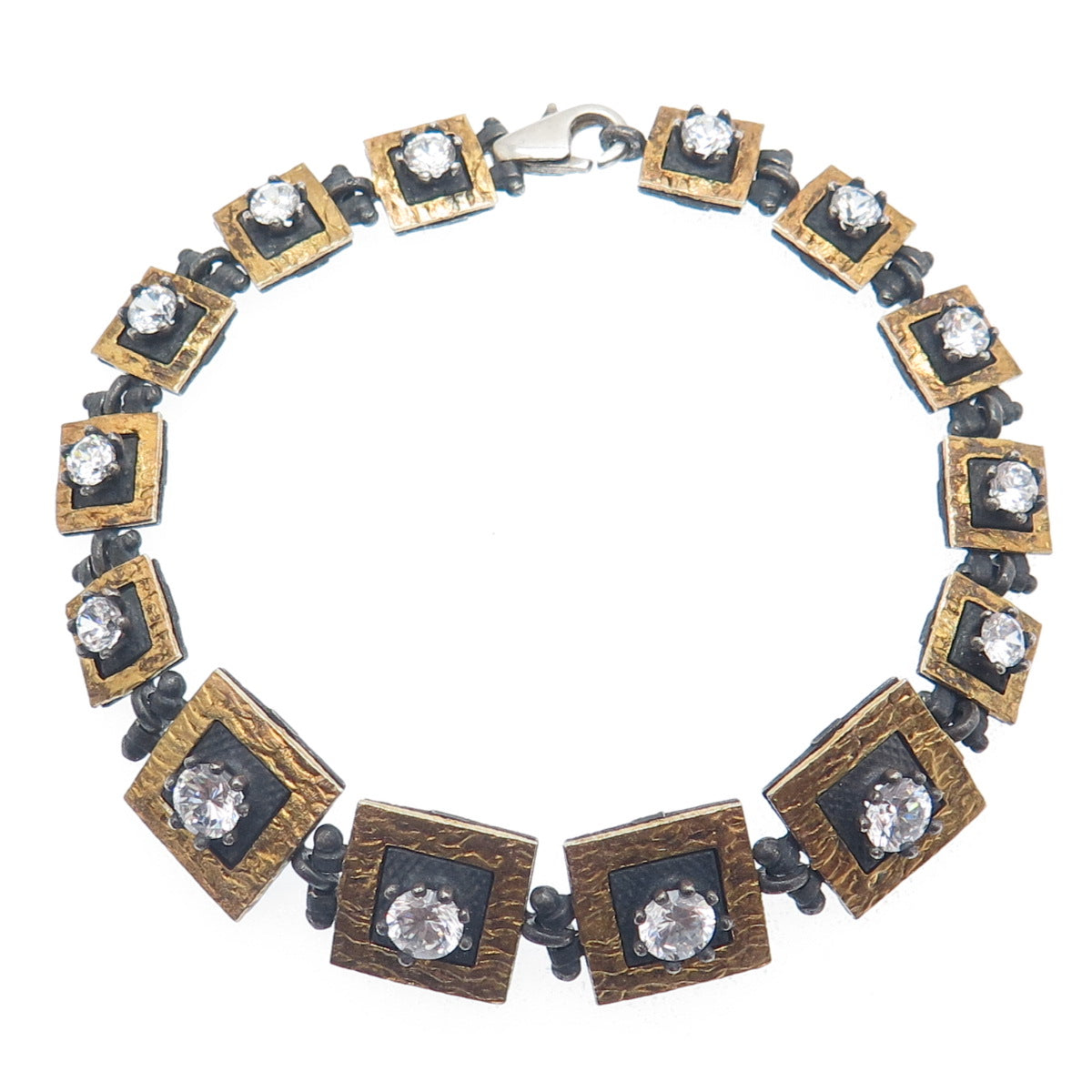 925 Sterling Silver 2-Tone Vintage C Z Modernist Panel Link Oxidized Bracelet 7"
