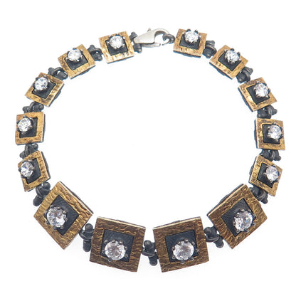925 Sterling Silver 2-Tone Vintage C Z Modernist Panel Link Oxidized Bracelet 7"