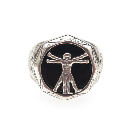 CPII 925 Sterling Silver Vintage Real Black Onyx Vitruvian Man Ring Size 12.5