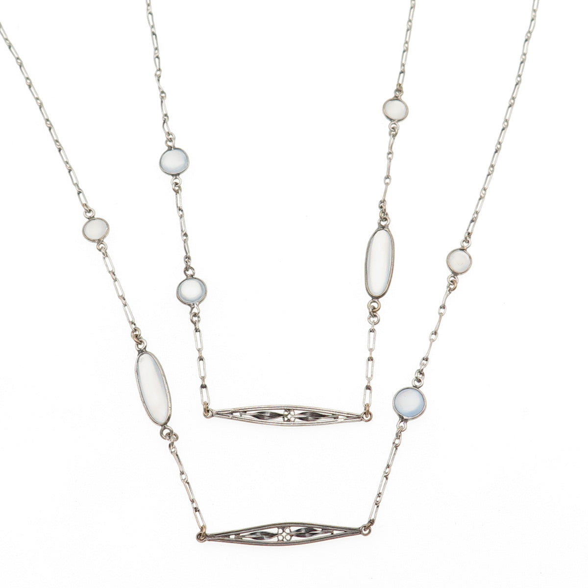 Silver-Tone Antique Art Deco Opalite Long Chain Necklace 56"
