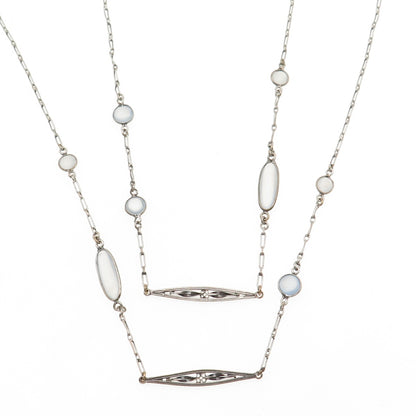 Silver-Tone Antique Art Deco Opalite Long Chain Necklace 56"