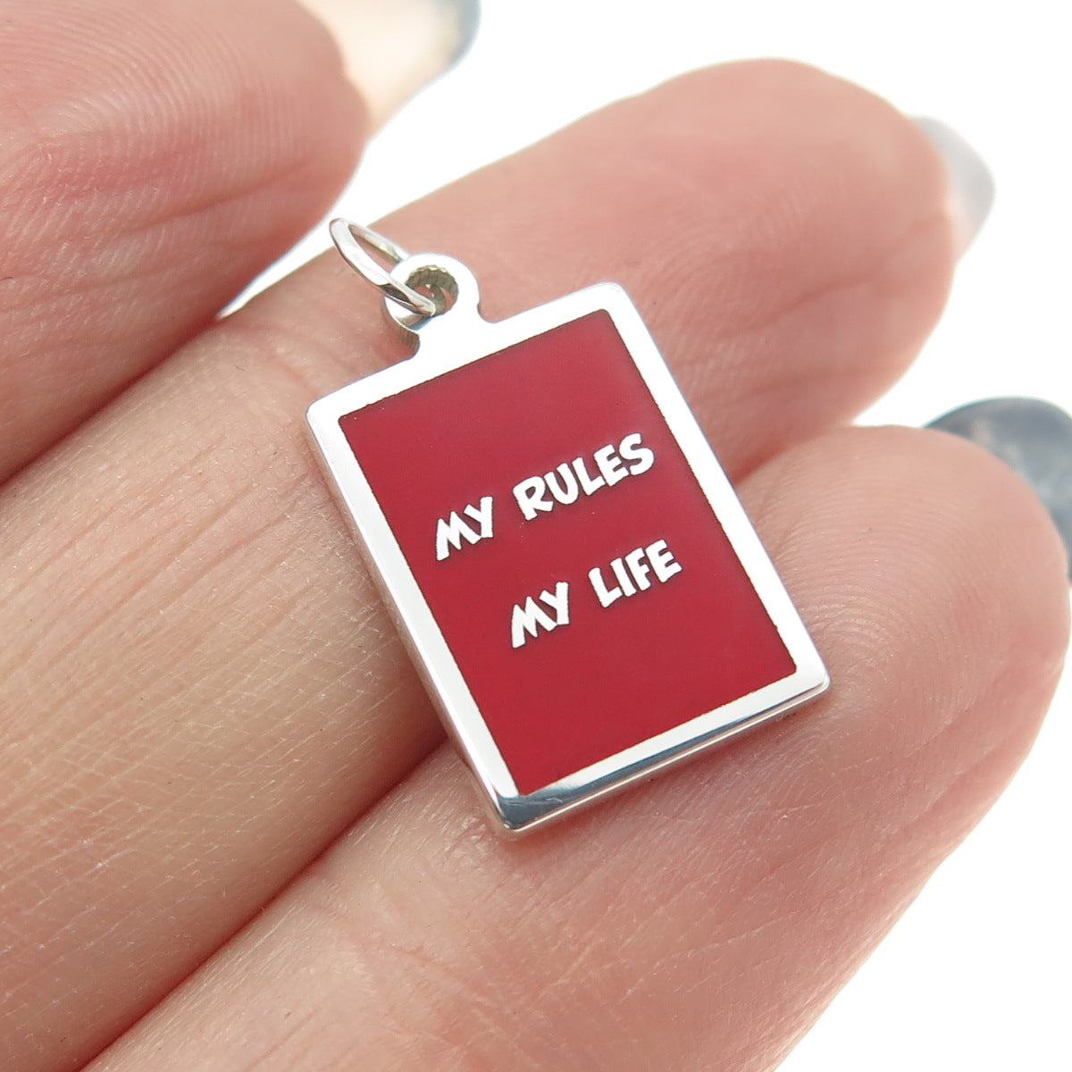 925 Sterling Silver Red Enamel "My Rules My Life" Minimalist Charm Pendant