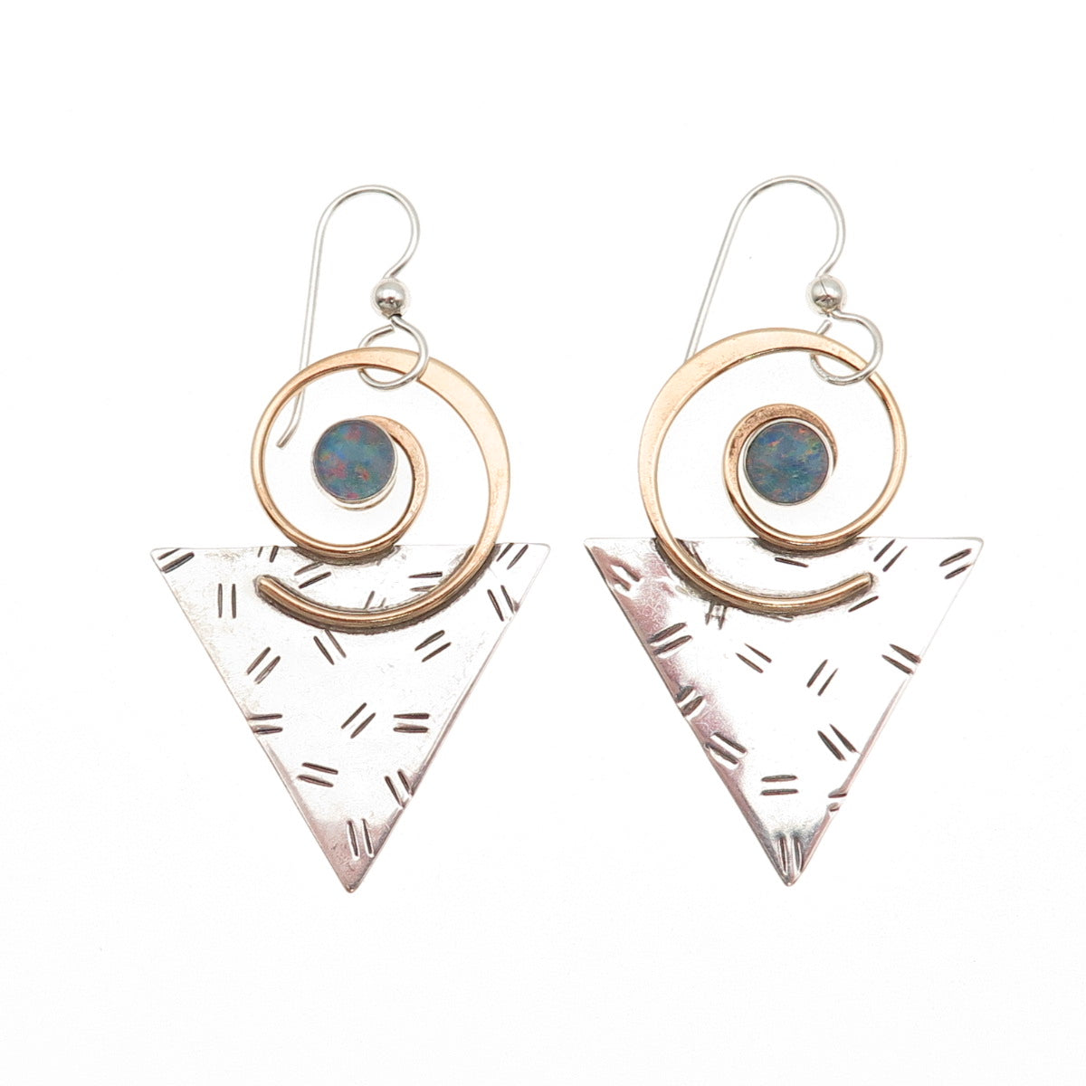 925 Sterling Silver 2-Tone Vintage Real Opal Modernist Dangle Earrings