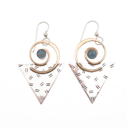 925 Sterling Silver 2-Tone Vintage Real Opal Modernist Dangle Earrings