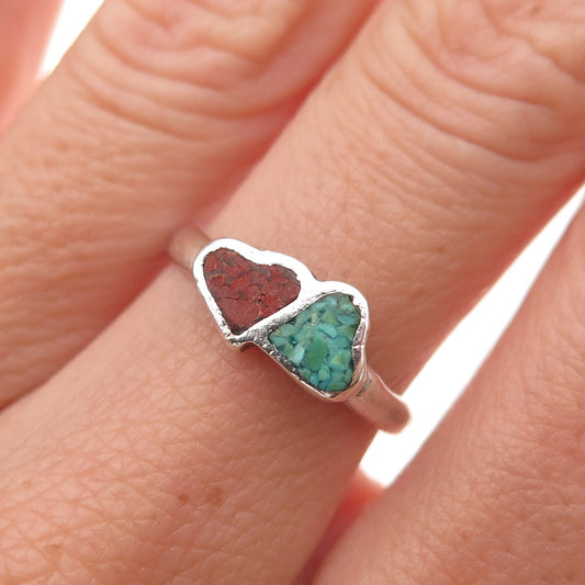 Old Pawn 925 Sterling Silver Vintage Turquoise Coral Inlay Heart Ring Size 6.75