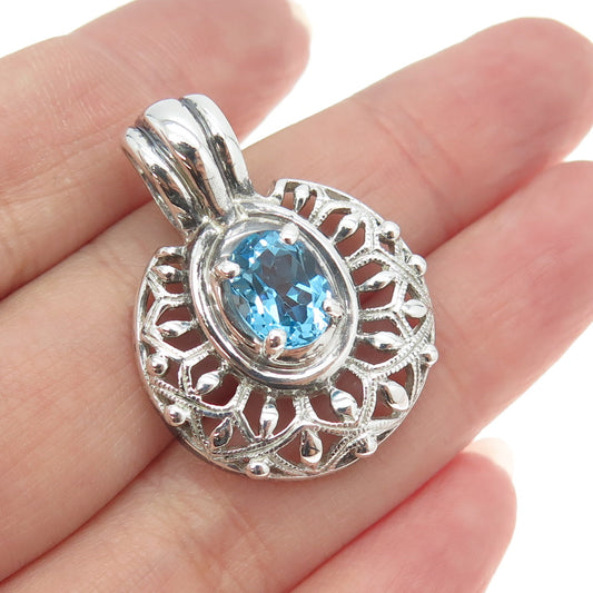 925 Sterling Silver Real Oval-Cut Blue Topaz Ornate Pendant